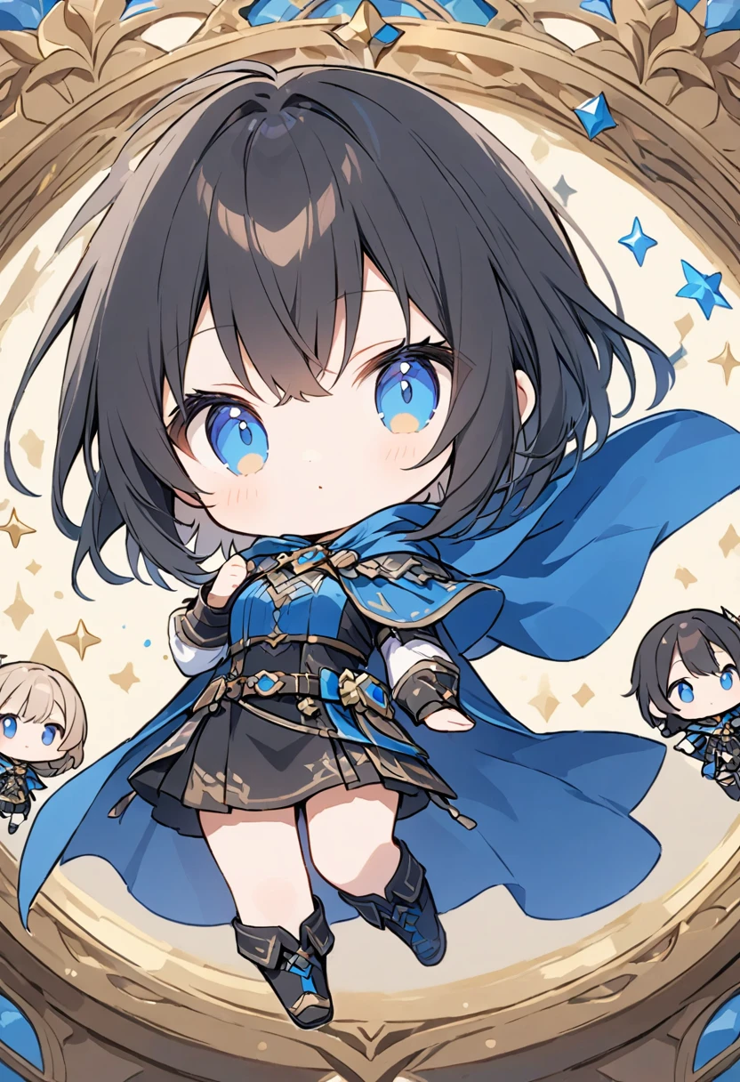 超High resolution, Attention to detail, high quality, High resolution, 最high quality, 4K, 8K, Awards, (artwork)、Clear sky、cute、Black Hair、short、hair ornaments、A work that emphasizes the sky and blue、posters、(Costumes of fantasy world:1.2)、(Blue Cape:1.37),(Chibi Character:1.4)