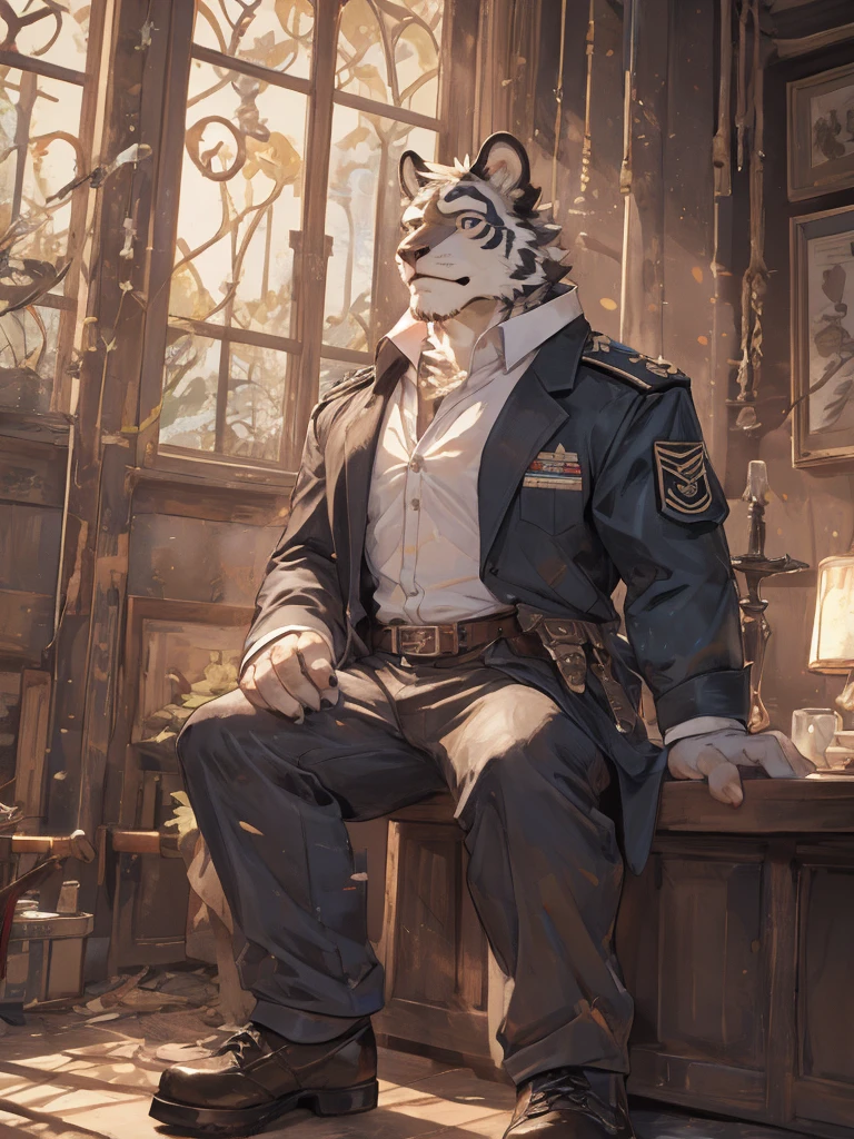 {{bara extremely handsome white tiger,}} {{white fur,}} white, wearing military like purple trench coat, purple trousers, white dress shirt and necktie, white fluffy furry body and limbs, loafers, very tall, very broad shoulders, narrow waist, muscular arms, massive pecs, purple eyes, very long legs,  sitting on swivel chair with legs spread, massive bulge, reading file, sophisticated hot look, full body, sunlight casting over, 3/4 view, best quality, high quality, silver earring on left ear, sultry smirk