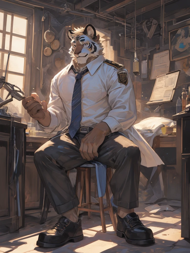 {{bara extremely handsome white tiger,}} {{white fur,}} white, wearing military like ornate trench coat, trousers, white dress shirt and necktie, white fluffy furry body and limbs, loafers, very tall, very broad shoulders, narrow waist, muscular arms, massive pecs, purple eyes, very long legs, sitting on swivel chair with legs spread, from below perspective, massive bulge, sophisticated hot look, sexy pose, full body, sunlight casting over, 3/4 view, best quality, high quality, silver earring on left ear, sultry smirk