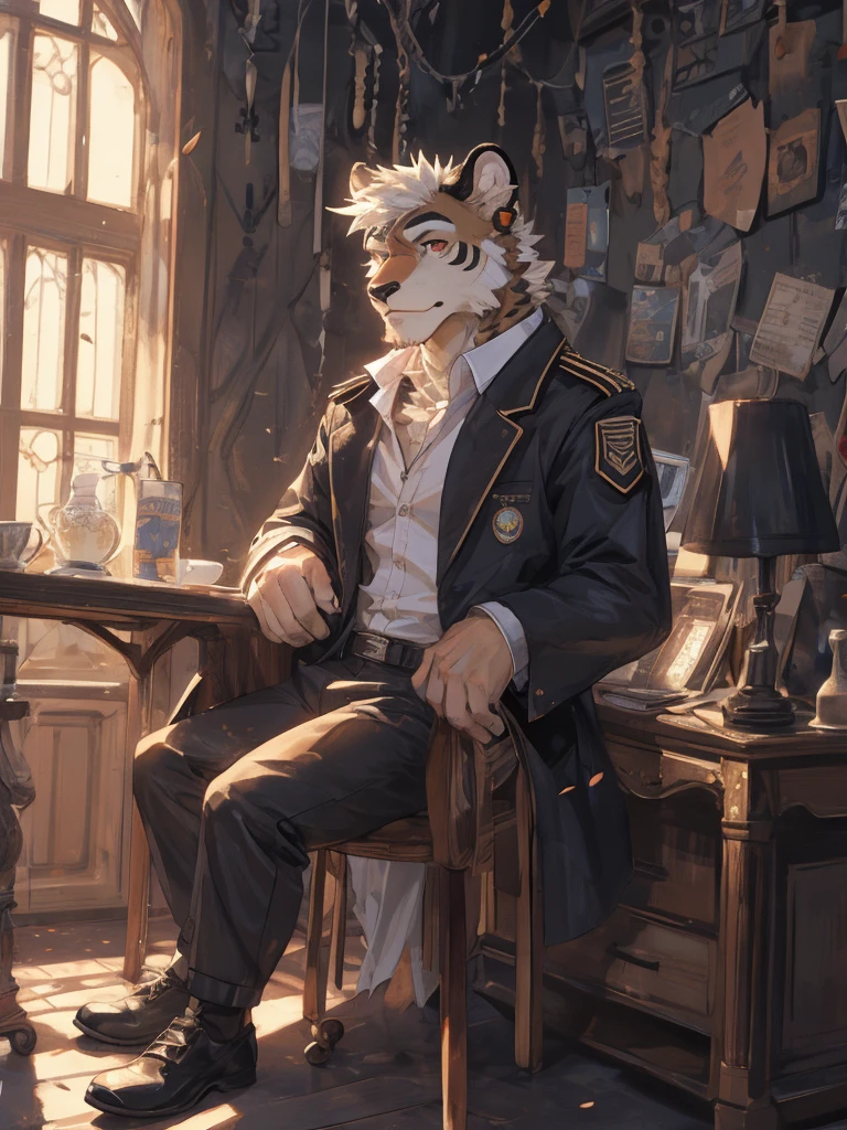 {{bara extremely handsome white tiger,}} {{white fur,}} white, wearing military like purple trench coat, purple trousers, white dress shirt and necktie, white fluffy furry body and limbs, loafers, very tall, very broad shoulders, narrow waist, muscular arms, massive pecs, purple eyes, very long legs,  sitting on swivel chair with legs spread, massive bulge, reading file, sophisticated hot look, full body, sunlight casting over, 3/4 view, best quality, high quality, silver earring on left ear, sultry smirk