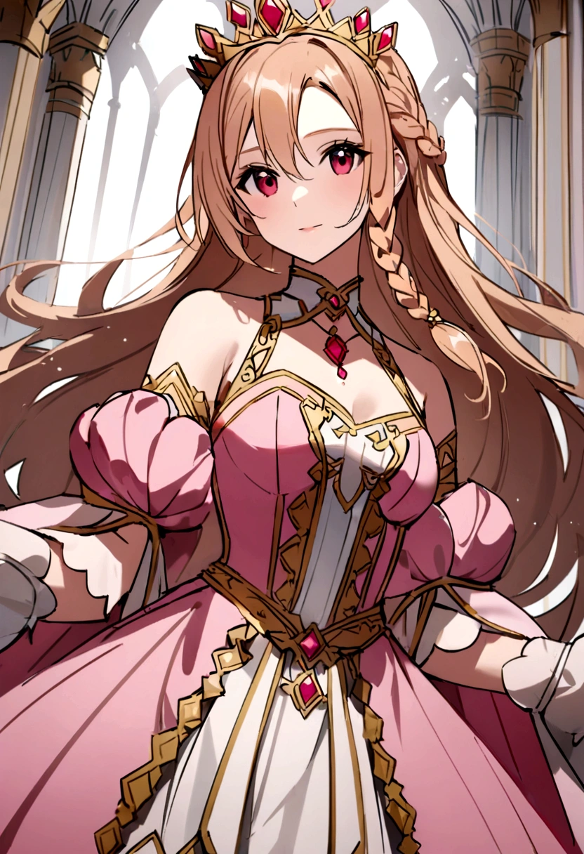 Asuna from Sword Art Online, She wears a beautiful side braid, she wears a pink dress, looks like a queen, imgem 4k
