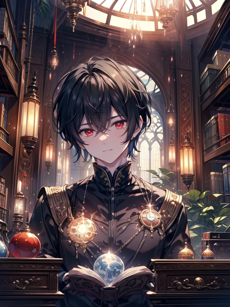 (masterpiece),(top-quality),(ultra-detailed),(hight resolution),(in 8K animation),(beautifull detailed face),(beatiful detailed eyes),(anatomically correct),1boy,handsome,black hair,very short hair,bangs between eyes,red eyes,Night scene,library,sorcery,a lot of glowing particles
