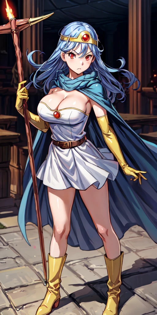 masterpiece, look at viewer, 1girl, standing, solo, cowboy shot, angry , Tower blue hair, circlet, red eyes, white dress, cleavage, elbow gloves, jewelry, boots, belt, cape, holding, staff, yellow footwear,sage \(dq3\)