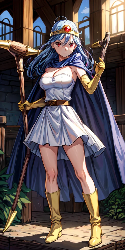 masterpiece, look at viewer, 1girl, standing, solo, cowboy shot, angry , Tower blue hair, circlet, red eyes, white dress, cleavage, elbow gloves, jewelry, boots, belt, cape, holding, staff, yellow footwear,sage \(dq3\)