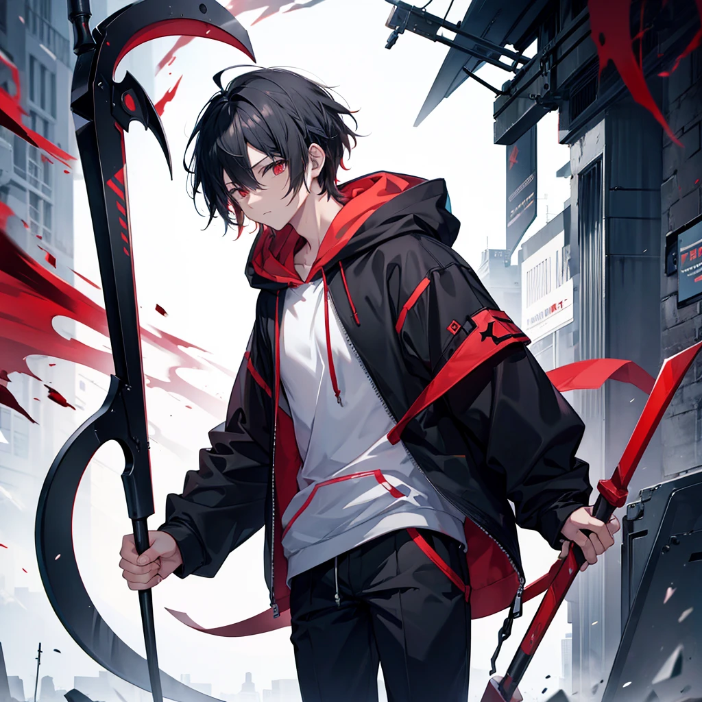 Human male, body with bandages, holding a long scythe, black hair, wearing a dark red hoodie