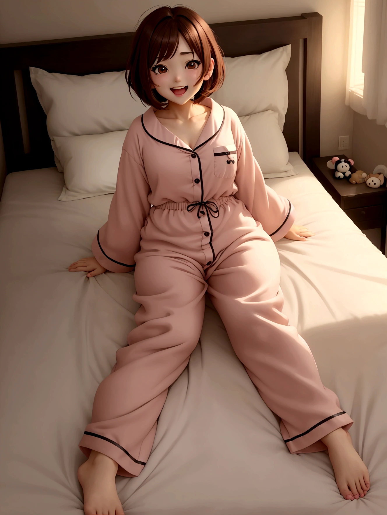 Anime characters、Brown bob hair、black eye、blush、Big round eyes、anime girl,laughing out loud,looking down,full body,Cute body、pajamas、bed、Sexy pose、HQ、high resolution、