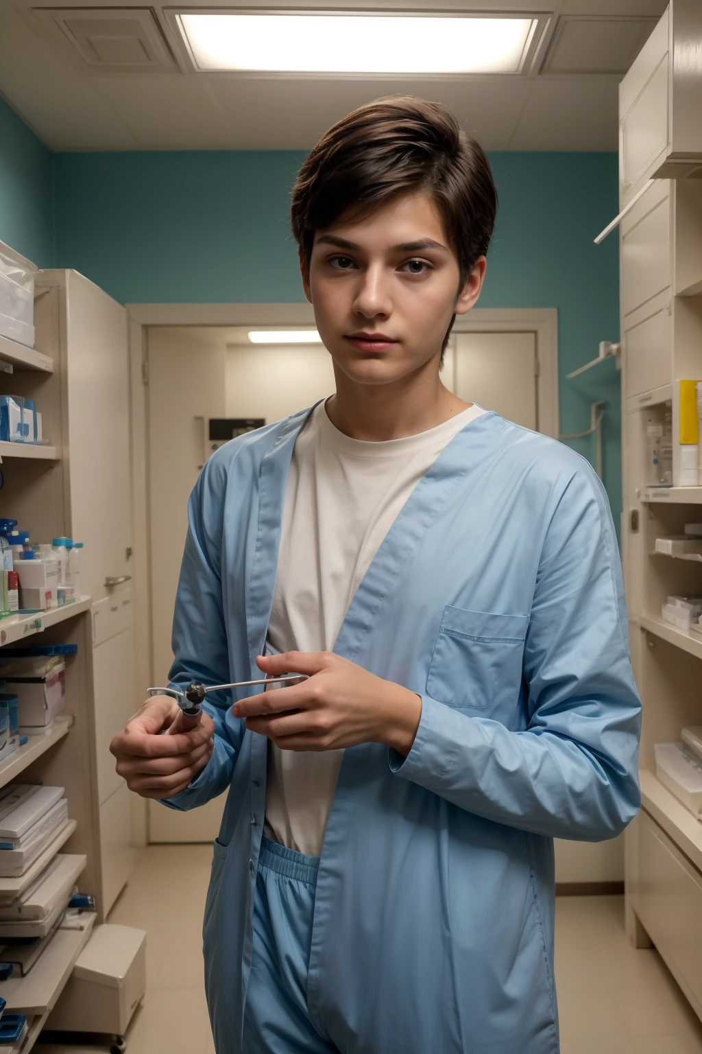 A beautiful young man, a cute male twink, with black hair, wearing a white long-sleeved shirt and aqua blue pants. He is in the surgical theater, and behind him are surgical medical instruments, devices, and medical monitors with anatomy of the brain, MRI, etc., and he looks on proudly, with a face with reddish makeup.