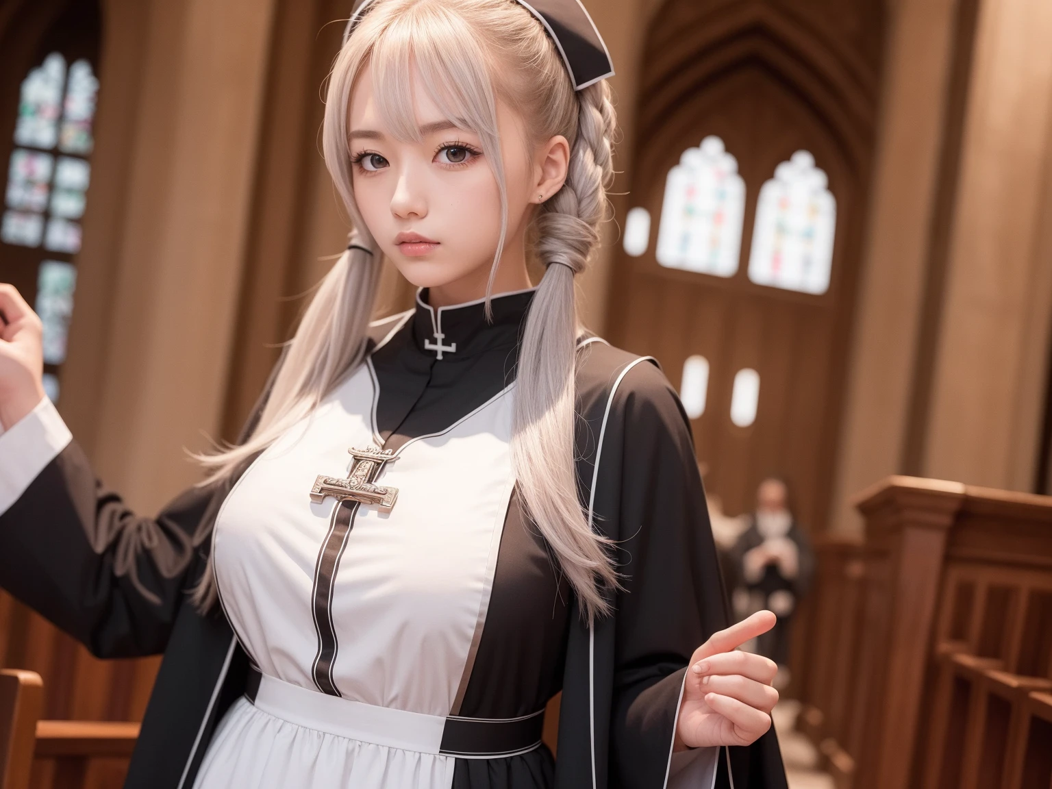 chest, huge, Twin tails, Silver Hair, priest, ~ side, saint, pretty girl