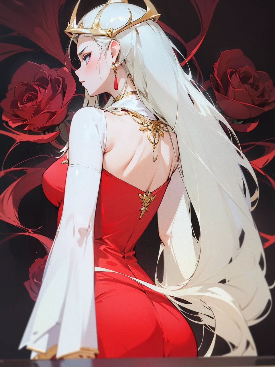 Add in roses to her dress, a good back dress design with some golden jewelry, make her dress into a red and white gown with a hat, give her some unique Jewelry, and make her look somewhat of a demonic angel like appearance to her
