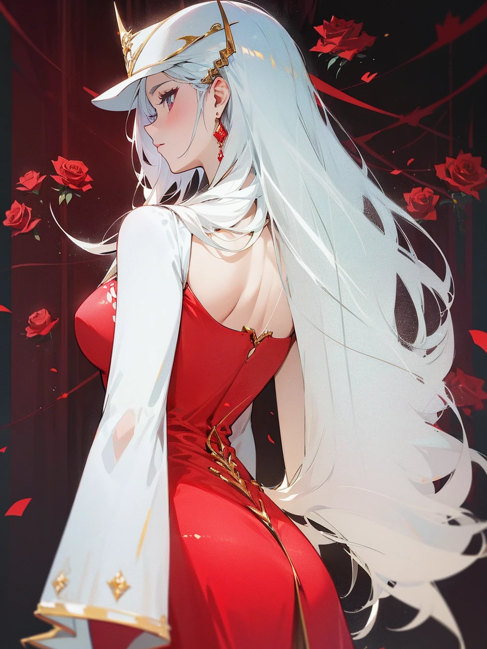 Add in roses to her dress, a good back dress design with some golden jewelry, make her dress into a red and white gown with a hat, give her some unique Jewelry, and make her look somewhat of a demonic angel like appearance to her