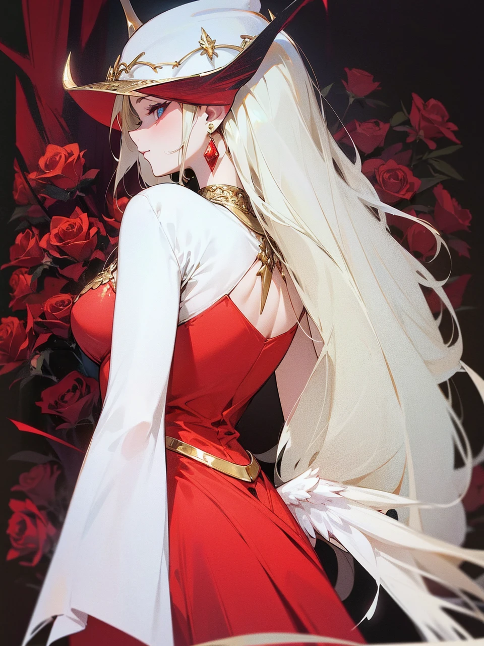 Add in roses to her dress, a good back dress design with some golden jewelry, make her dress into a red and white gown with a hat, give her some unique Jewelry, and make her look somewhat of a demonic angel like appearance to her