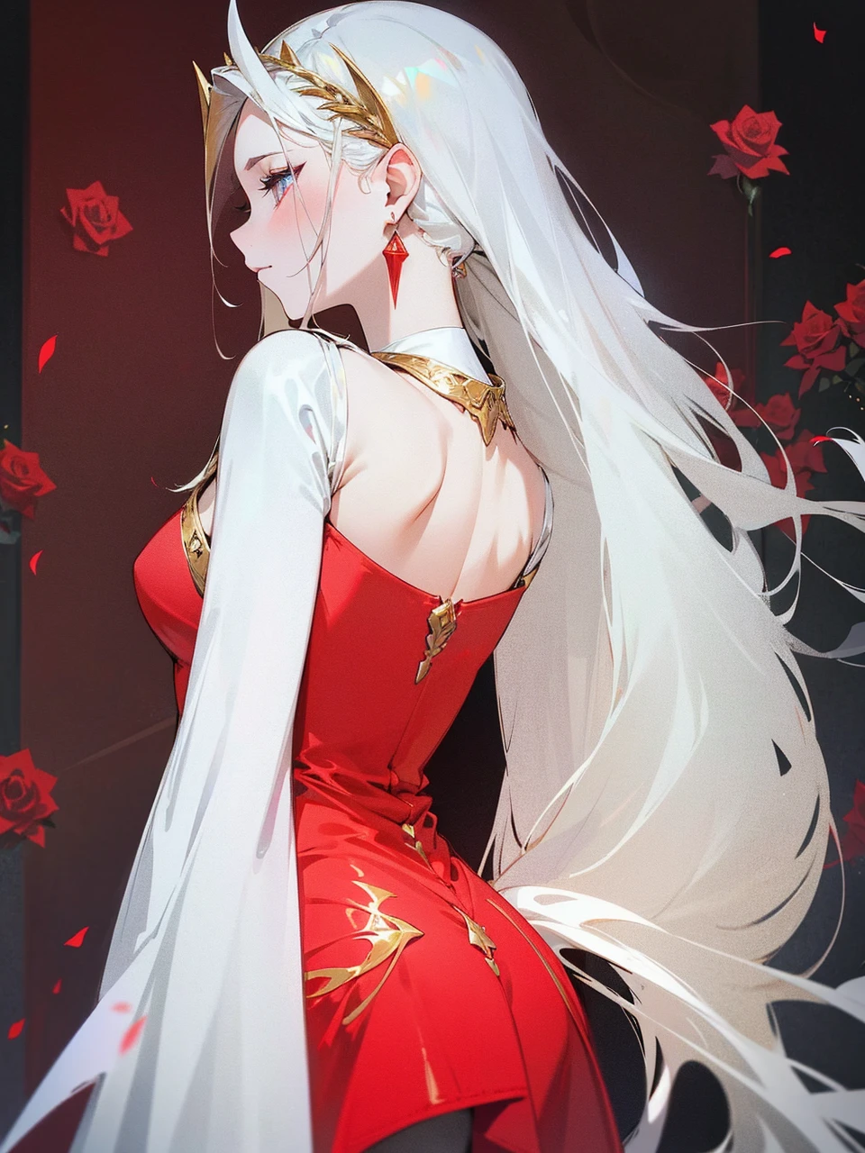 Add in roses to her dress, a good back dress design with some golden jewelry, make her dress into a red and white gown with a hat, give her some unique Jewelry, and make her look somewhat of a demonic angel like appearance to her
