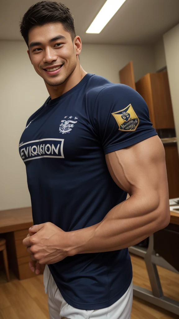 ((Highest quality, 8K, Masterpiece: 1.3))、Thailand Laos Burma Asia, Thai man, A handsome Asian rugby player with short hair, a muscular beard, and big muscles., 1A man who has、 yo、Good appearance、Beautiful nose、smile、 Detailed eyes and face、beautiful light、(studio)、high resolution、(Look at the viewer.)、Fine mouth、smile、whole body: 1.5, perfect shape: 1.3, Picture of both shoulders:1.3, Navy blue round neck t-shirt:1.5