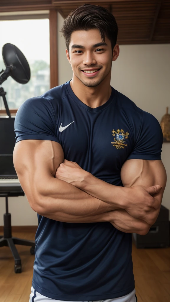 ((Highest quality, 8K, Masterpiece: 1.3))、Thailand Laos Burma Asia, Thai man, A handsome Asian rugby player with short hair, a muscular beard, and big muscles., １A man who has、 yo、Good appearance、Beautiful nose、smile、 Detailed eyes and face、beautiful light、(studio)、high resolution、（Look at the viewer.）、Fine mouth、smile、whole body: 1.5, perfect shape: 1.3, Picture of both shoulders:1.3, Navy blue round neck t-shirt:1.5