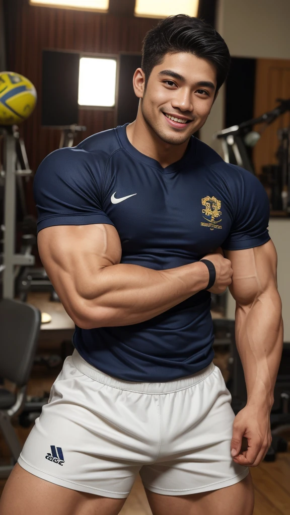 ((Highest quality, 8K, Masterpiece: 1.3))、Thailand Laos Burma Asia, Thai man, A handsome Asian rugby player with short hair, a muscular beard, and big muscles., 1A man who has、 yo、Good appearance、Beautiful nose、smile、 Detailed eyes and face、beautiful light、(studio)、high resolution、(Look at the viewer.)、Fine mouth、smile、whole body: 1.5, perfect shape: 1.3, Picture of both shoulders:1.3, Navy blue round neck t-shirt:1.5