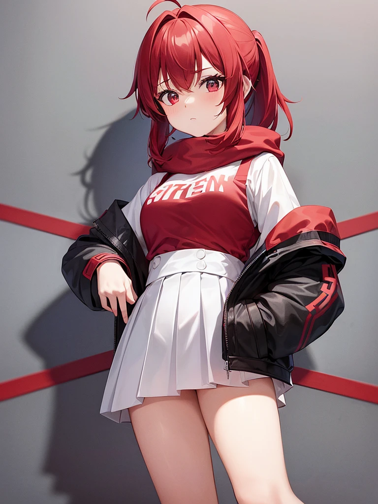 Girl in a short mini (pleated cowl skirt), red and black clothes, white and red hair, gathered in a double ponytail, with beautiful inscriptions on the wall (Background). 2D wallpapers: girl in full height from below.