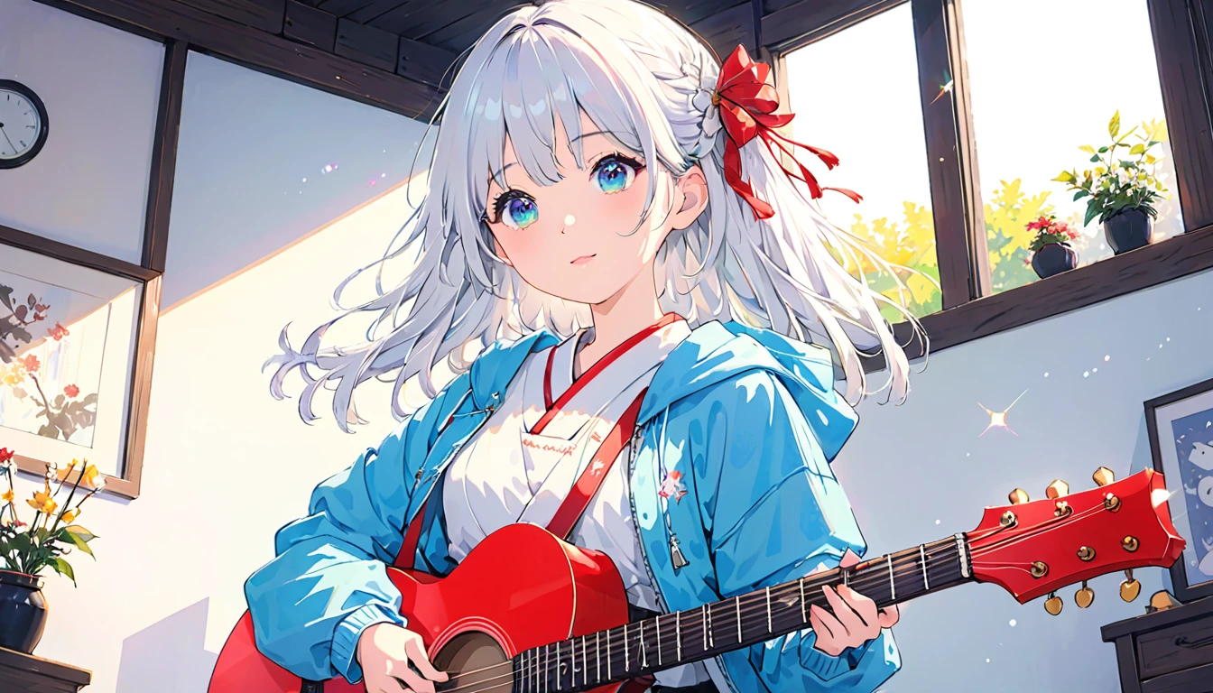(Absurd:1.1, High resolution:1.1, 超detailed:1.1), 非常にdetailedな, 超detailed hair, (Fine grain:1.4), (Shining Eyes:1.3), thin, happy, positive, cute, Perfectly symmetrical face, narr○w waist, 超cute girl, 超cute face, 超cute, Super beautiful, Beautiful colors, merry (Yanmar gauge),From wlop,((Great quality)), (Beautiful chest), Are standing, Upper body rest (Beautiful colors,detailed,Highest quality,Great quality,so beautiful), guitar, Jacket, Lighting and Shadows(perspective), Lighting particles, colorful, Masterpiece, Super stylish room,
