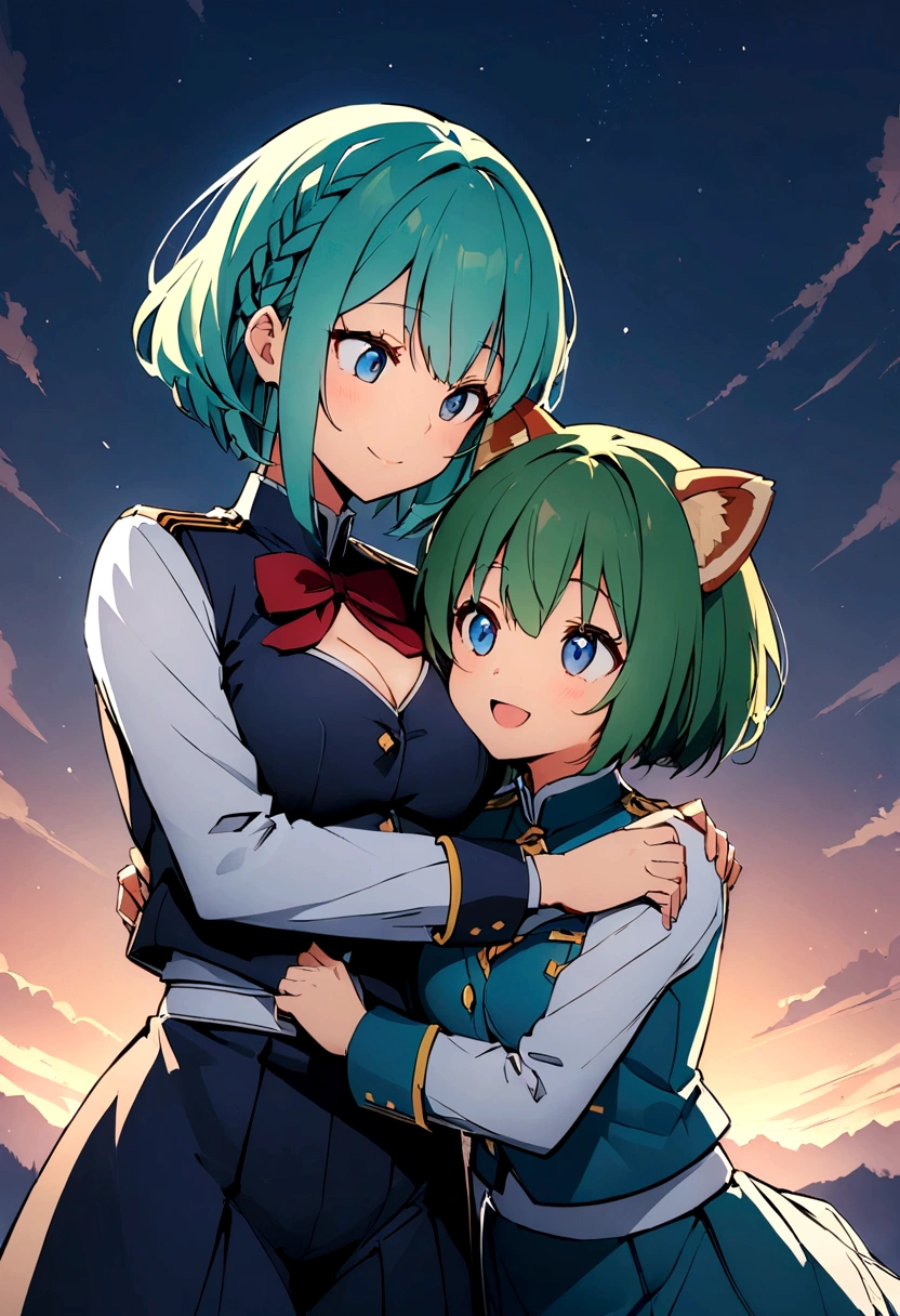 Blue-green hair girl Blue Eyes Short Hair Red Panda stuffed toy Second Dimension anime An illustration vtuber C Cup Warrior uniform military uniform long sleeves Clothes patina Cleavage stuffed toy Embrace One person Braided Hair Arrangement