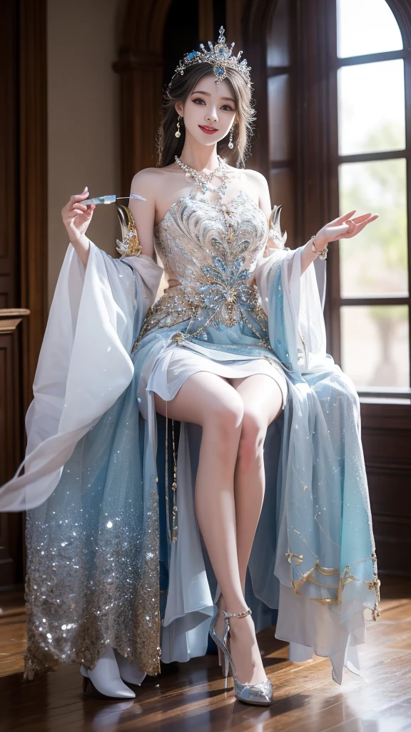((Knee Shot)), Arapefe, Looking at the camera, wear high heel shoes,Put on the crown,necklace,Smile,Shoot at random angles,By the window, In the castle, transparency,(extra large ,1.5),Turn around and look at the camera,masterpiece,Flawless,transparency,Ethereal,More details and decorations,Show your thighs,Sexy slender legs, 8K,(Wearing rings and other accessories,1.9),White skin,Gorgeous decoration,A girl,(Anatomically correct,high quality, High Detail, masterpiece)