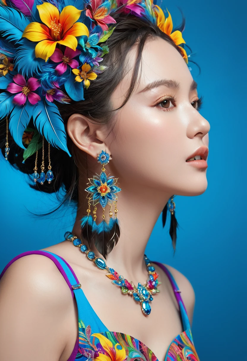 ((Fractal Art)),((masterpiece,best quality,Extremely detailed,Ultra-high resolution,Detailed background)),(((Blue Background))),(1 Girl),((rich and colorful)),Flowers,(Glowing skin),((Many colors)),(earrings),feather