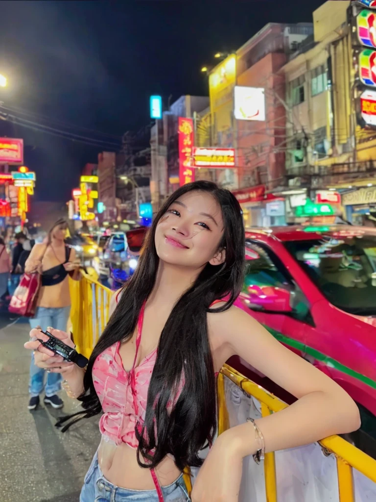 (realistic, photo-realistic:1.37),(8k, RAW photo, best quality, masterpiece:1.2), cute, ultra-detailed,physically-based rendering, ultra high res,looking at viewer,photorealistic,realistic, solo, photorealistic, best quality,extremely detailed face,extremely detailed eyes and face, beautiful detailed eyes, woman standing on a city street at night with a mini camera, at night with neon lights, asian girl with long hair, Mischievous grin,