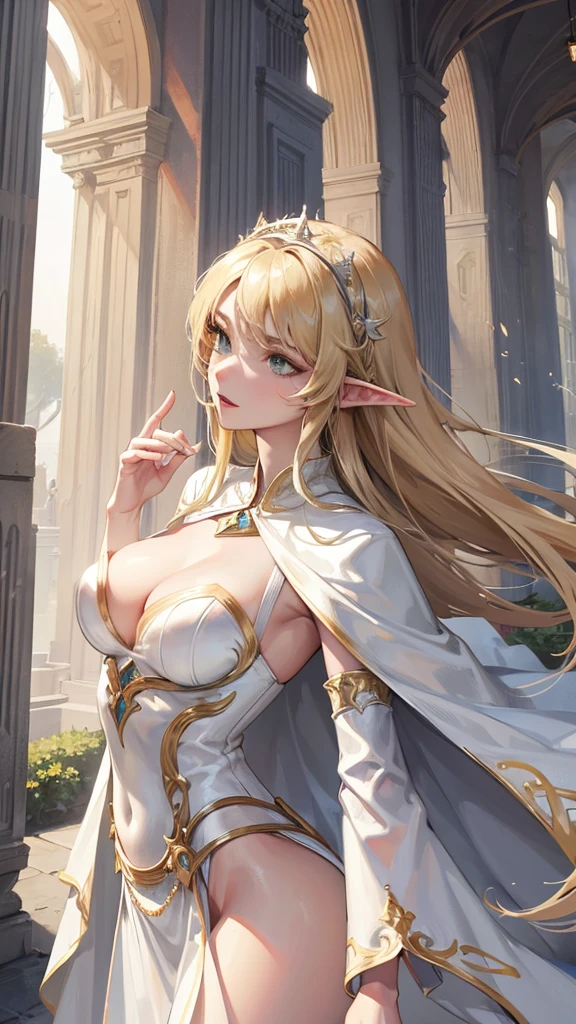 Photograph of the upper body of a beautiful woman, (nomal breasts, perfect body), Sharp focus, (proportional body , mature woman), ((Looking ahead)), (Highly detailed skin, hair follicles:1.4,),
( long hairstyles) blond hair, green eyes, angels , elf ears, fantasy (wear white cape), (white cloth), warriors , elegant, luxury, long skirts
wear accessories , wear crowns ,