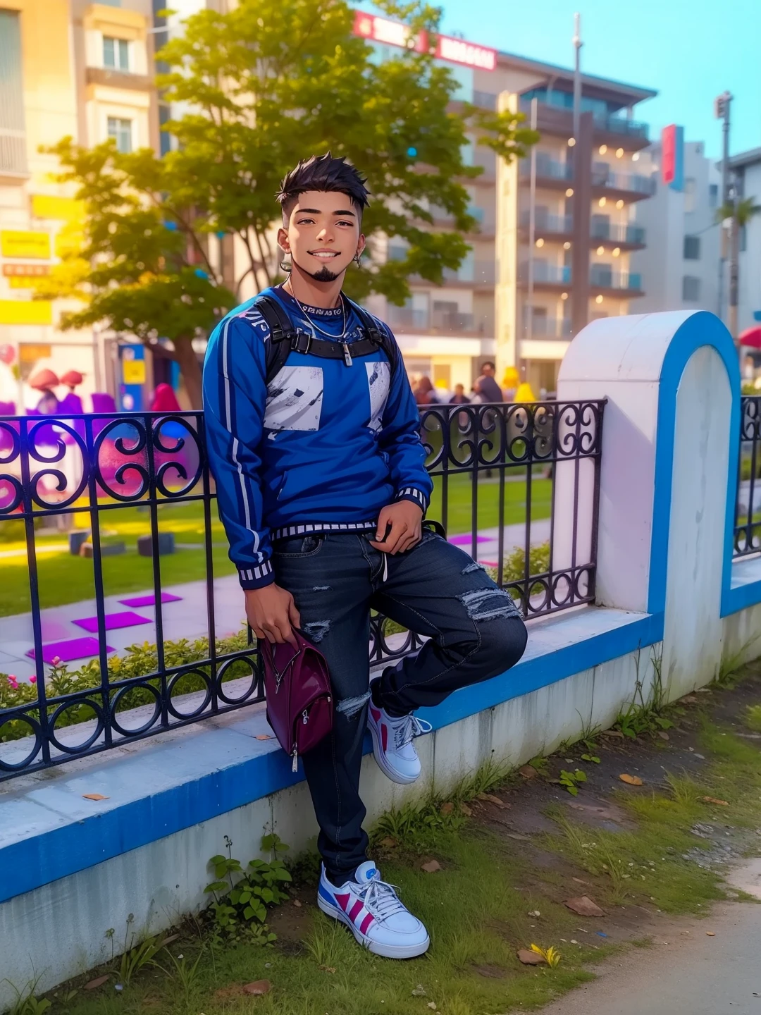 1boy, short earrings, tall guy, smiling face, beautiful accurate dark cyan eyes, #003840 hair, body is well proportioned, white jacket, silver jeans, his in the neighborhood, looking at viewer, high resolution, ultrasharp, 8k, masterpiece