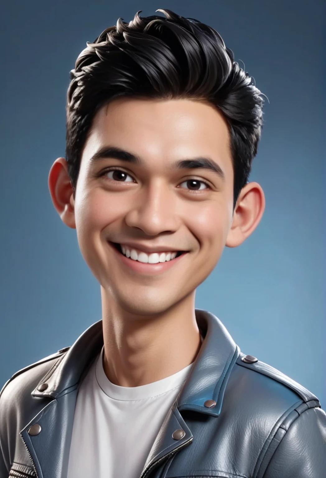 Create a 3D animation of a cartoon caricature with a big head. a 20 year old Indonesian man. He has short black hair parted on the right side. His face is oval with smooth lines, thick and neat black eyebrows, normal eyes, a big nose, and thin lips with a wide, friendly smile. He wore a light gray leather jacket over a white t-shirt. Gradient blue background with professional lighting. masterpiece, top quality, highly detailed skin and face, ultra-realistic, high definition, studio lighting, sharp focus, 2/3 body angle, Concept Art, 3D rendering.