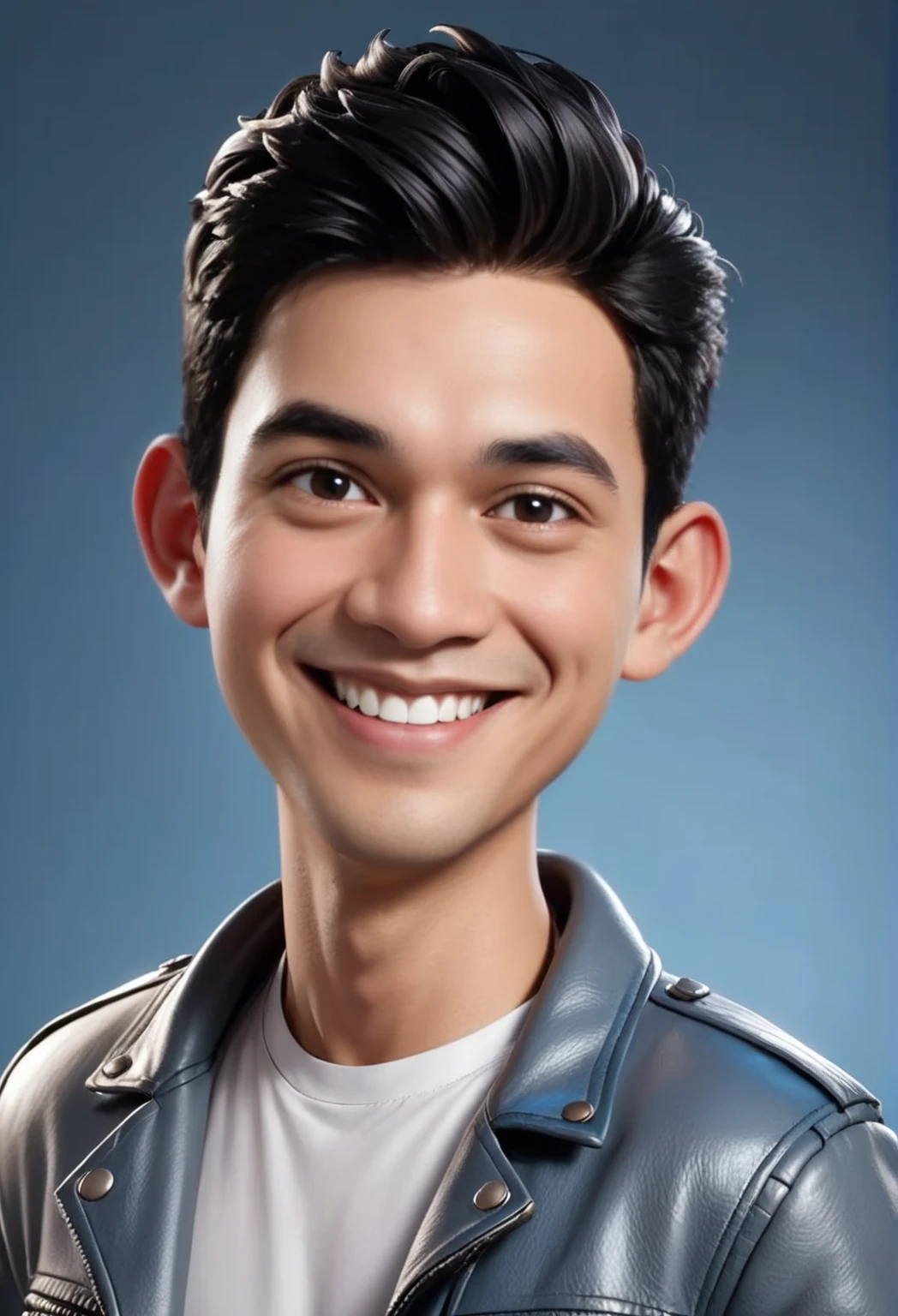 Create a 3D animation of a cartoon caricature with a big head. a 20 year old Indonesian man. He has short black hair parted on the right side. His face is oval with smooth lines, thick and neat black eyebrows, normal eyes, a big nose, and thin lips with a wide, friendly smile. He wore a light gray leather jacket over a white t-shirt. Gradient blue background with professional lighting. masterpiece, top quality, highly detailed skin and face, ultra-realistic, high definition, studio lighting, sharp focus, 2/3 body angle, Concept Art, 3D rendering.