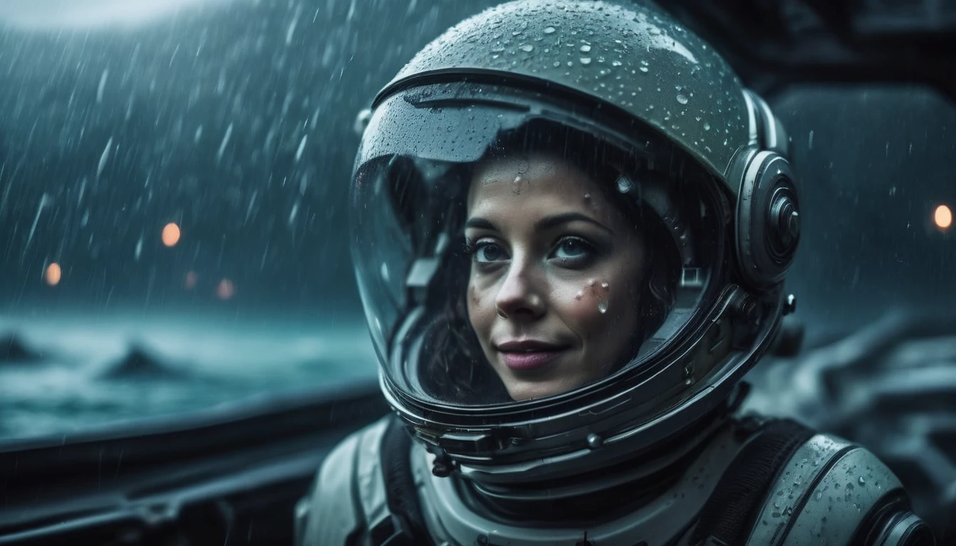 sci-fi aesthetics, a dark and moody realistic cinematic close-up shot of stunning Nicaraguan woman smile with a big smile cosmonaut wearing a spacesuit and glass dome helmet walking (with a futuristic oil refinery in the background:1.4) on ocean alien landscape where water covers the entire surface, teeming with marine life of all shapes and sizes, a heavy rain storm, aurora, detailed face, stunning beauty, detailed skin, skin texture, skin pores, (freckles:0.9), dim lit, foggy, muted colors, hazy, vintage, analog style, science fiction, star citizen cinematic lighting, film grain, imax