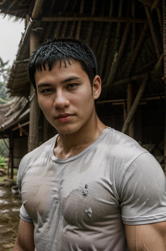 独奏 , 1 person , Portrait of a handsome Asian rugby player, short hair, no beard, muscular, big muscles, wearing a gray round neck t-shirt, wet, outdoors, rice field, countryside, hut, Thailand, Laos, Burma, Asia.