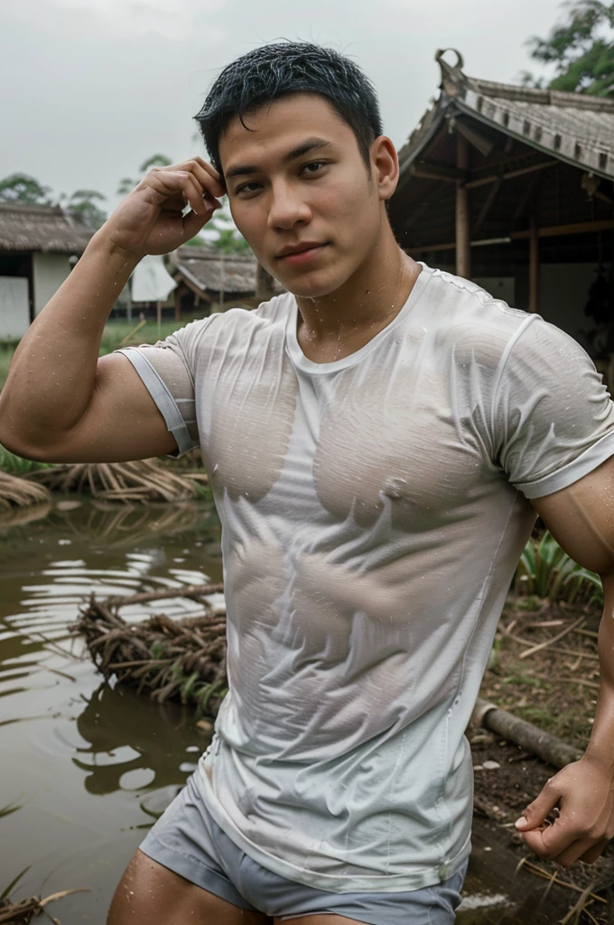 独奏 , 1 person , Portrait of a handsome Asian rugby player, short hair, no beard, muscular, big muscles, wearing a gray round neck t-shirt, wet, outdoors, rice field, countryside, hut, Thailand, Laos, Burma, Asia.