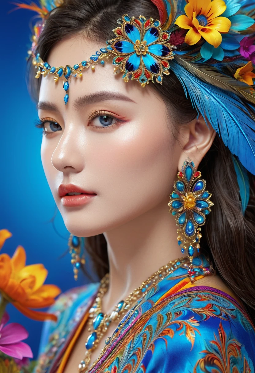 ((Fractal Art)),((masterpiece,best quality,Extremely detailed,Ultra-high resolution,Detailed background)),(((Blue Background))),(1 Girl),((rich and colorful)),Flowers,(Glowing skin),((Many colors)),(earrings),feather