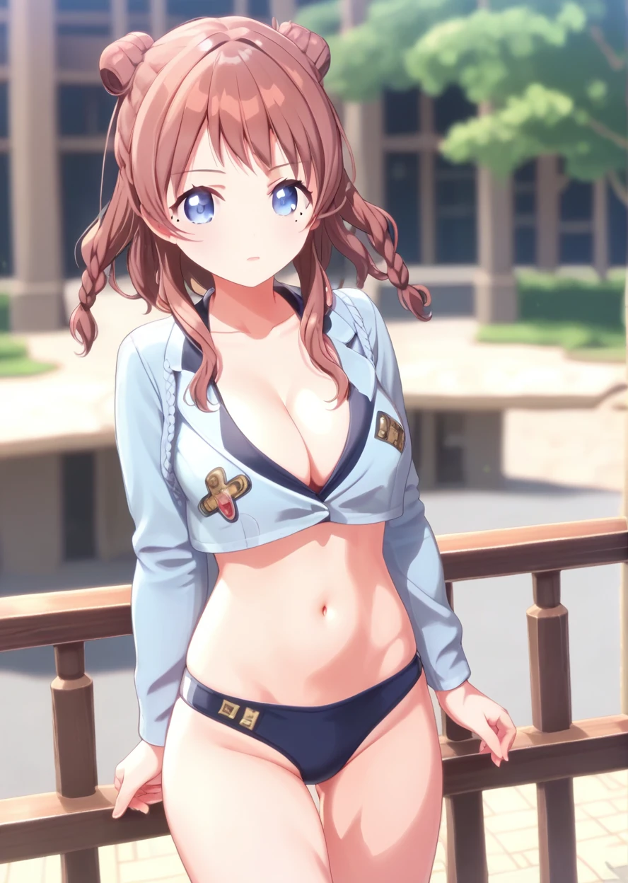 Score 9, Score 8 up, Score 7 up, The rating is questionable,
Detailed Background,
a anime girl with short hair has big hanging over a railing, 1girl, breasts, swimsuit, 比基尼, mole, 独奏, mole under eye, navel, braid, twin braids, large breasts, blurry background, cleavage, jacket, blue jacket, bangs, blue eyes, white 比基尼, outdoors, blurry, looking to the side