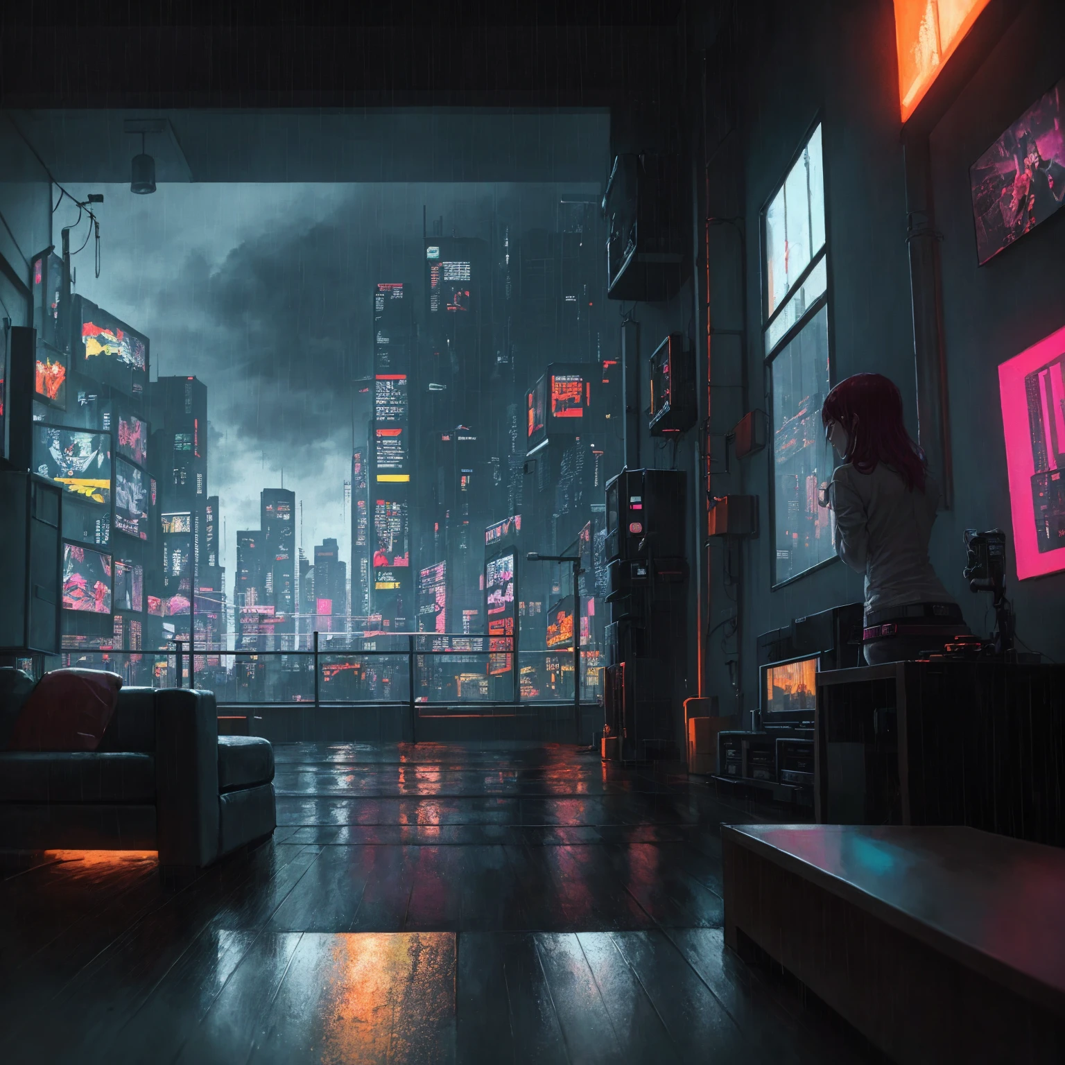 (masterpiece), (dark clouds), (cyberpunk living room), (indoor), (window), (rainy weather), (cyberpunk city), (realistic illustration), (cinematic), (looking out the winow)
