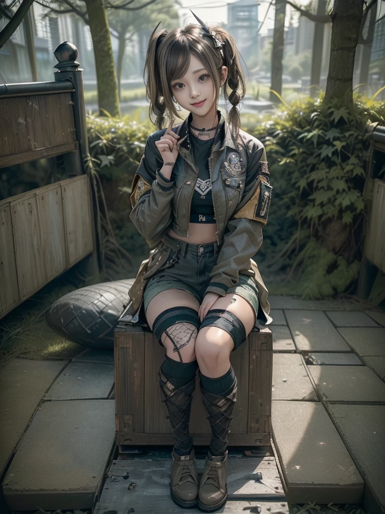 (Hostess:1.3)、(Smiling with teeth showing:1.3),(Shibuya Gal:1.5)、(Landmine Girl:1.4)、(ta Fashion:1.5)、(Punk RockVisual Kei:1.4)、(A modern short jacket in dark grey and moss green.:1.5)、(Tattered brown and charcoal denim low rise cargo pants:1.5)、(Mustard Yellow Headband:1.3)、(Charcoal and khaki striped knee socks:1.4)、collar、(Brown platform long boots)、(Clothing with logo pattern:1.4)、20-year-old、Browsing Caution,((Highest quality、In 8K、masterpiece:1.3))、Sharp focus:1.2、(Layered Cut、Huge breasts:1.1),Beautiful woman with perfect figure:1.4、(Doing an aerobics pose:1.3)、Slim Abs:1.2、Butt、Highly detailed face and skin texture、Fine grain、double eyelid,(Twin tails:1.3)、(Brownish golden hair:1.3)、Obscene、Idol Sculpture、(The landscape is a beautiful temple of water and forest:1.3)、(Slimming your legs:1.4)、(The body is slim:1.3)、(clavicle:1.1)