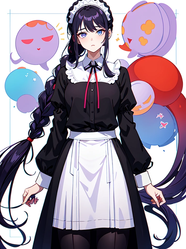 Dressed in maid uniform ,　Mature face,tall, Wearing black tights,Blue Eyes,Updo, Braided Hair, He wore black trousers, whole body黒の服, The skin is hidden　and gradient hair, (Ink blotches:1.1), (pale:1.2),(Light purple:1.2),(Red/Black:1.2), I was wearing long pants,cool,Dressed in a black robe, Toned body, one big woman, Nervous,Cowboy Shot, sketch (Character design sheet, same characters, whole body, Three-View, front, ~ ~ ~ side, return),(Very bright:1.1), White Background, [1 Girl:7], (Tilt your head:1.2), ([sketch|watercolor \(Moderate\)]:1.15),Chaotic Abstract Background, Vector Trace, Gradient Blending, Bright colors, that&#39;wonderful, Very detailed, Complex, (Very low contrast:1.4