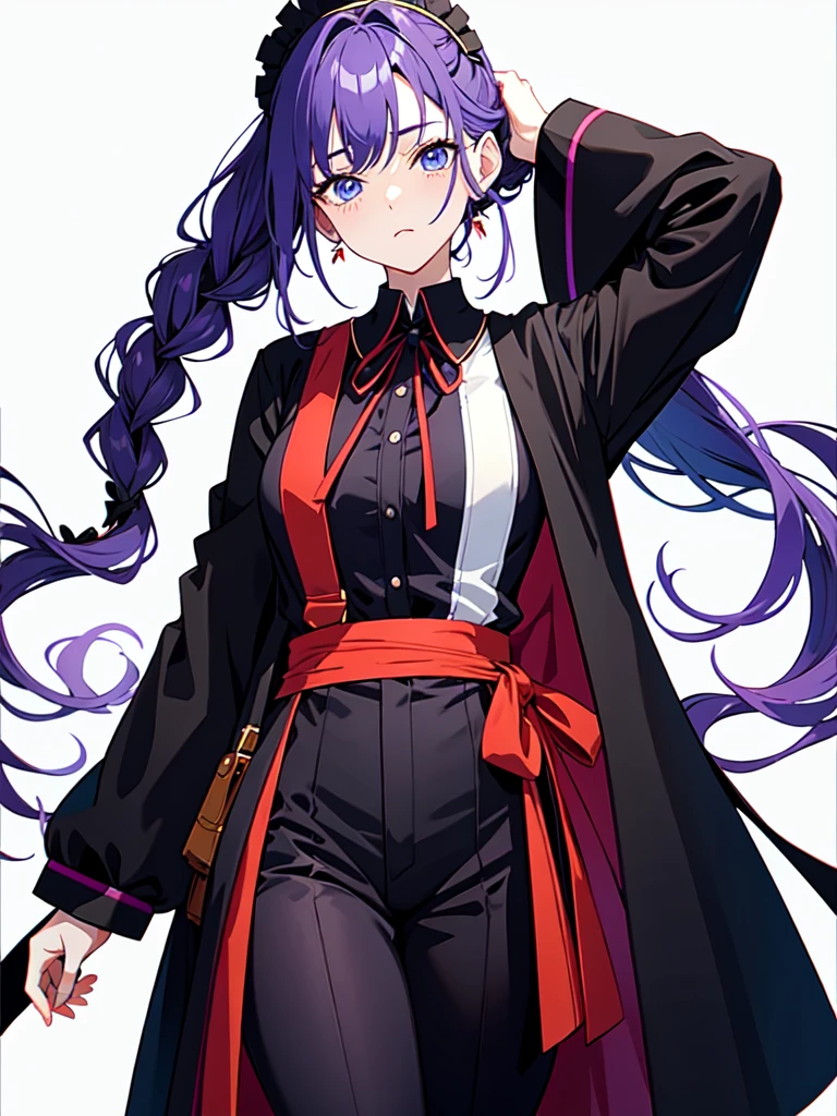 Dressed in maid uniform ,　Mature face,tall, Wearing black tights,Blue Eyes,Updo, Braided Hair, He wore black trousers, whole body黒の服, The skin is hidden　and gradient hair, (Ink blotches:1.1), (pale:1.2),(Light purple:1.2),(Red/Black:1.2), I was wearing long pants,cool,Dressed in a black robe, Toned body, one big woman, Nervous,Cowboy Shot, sketch (Character design sheet, same characters, whole body, Three-View, front, ~ ~ ~ side, return),(Very bright:1.1), White Background, [1 Girl:7], (Tilt your head:1.2), ([sketch|watercolor \(Moderate\)]:1.15),Chaotic Abstract Background, Vector Trace, Gradient Blending, Bright colors, that&#39;wonderful, Very detailed, Complex, (Very low contrast:1.4