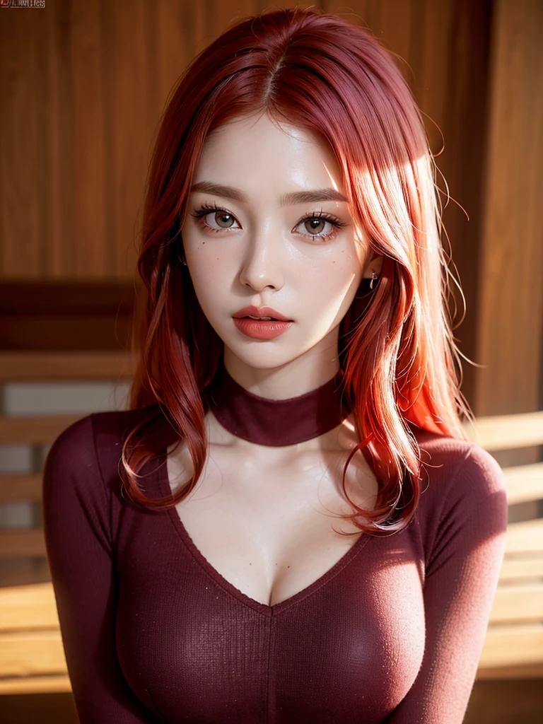 1girl, alone, solitary, high quality, (best quality,4k,8k,highres,masterpiece:1.2),ultra-detailed,(realistic,photorealistic,photo-realistic:1.37),gorgeous hair,bright red hair,long hair with bangs,sharp eyes,mole under the eye,plump lips,jewelry,(high detailed skin:1.4),(rim lighting:1.3),(lit:1.3),(sunny day:1.3),portrait,beautiful lips,waist-length hair,seductive gaze,moles,casual clothes,colorful clothing,close up,super long hair,choker necklace,bangs,fringe,dimples on the cheeks,dimples,red hair,rubyredhair,ruby red hair,black,red lips,red lipstick,round lips,round pouty lips,pouty lips,douyin makeup,sparkly makeup,blue,green,pink,purple,wine red,piercings,gems,lipstick,lip gloss,navel piercing, girl,innocent,red hair,dyed hair,cherry red hair,cherry red,cherry hair,redhead,youthful,modest,covered cleavage,delicate,pretty girl,close up,closeup,20 years old,modest,pretty blouse,neon red hair,bright red hair,redhair,sweater,turtle neck,sweatshirt,shirt,hairstyle,modest clothing