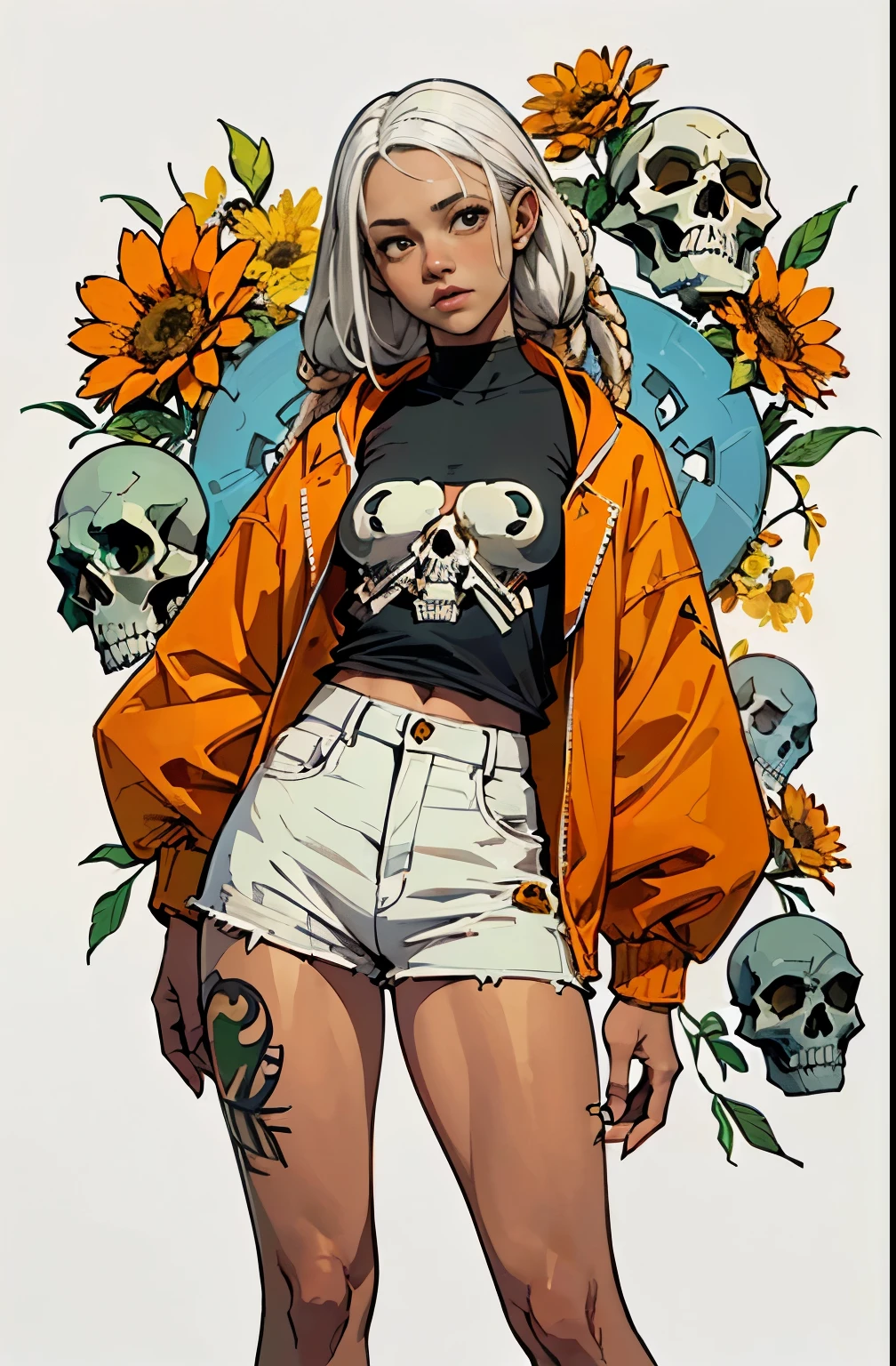 ((1 girl with open face), (Full length, very cute)). ((cute young man, White girl, offwhite hair), (orange:1.1, offwhite:1.3, yellow: 1.3),(Unripe:1.5,), (rapper feminina muito sexy com dreadlocks),(nsfw) (tattoo's), (bare body parts), (jaket: 1.2), (jaket no corpo nu, Correia, Short shirt)). ((Zombies, skulls, flowers, fruits)),( Damasco flowerscendo, folhas Unripes jovens, FOG, Background of circles)).((IDEAL, comely), (pictorial background, broad strokes, girl&#39;s attention to detail&#39;dude, figuras, flowers )). ((atmosfera noturna),(perfect and soft warm light, cinematic natural volumetric, cold chiaroscuro)). ((Moderate detail, attention to the elements of the character and figure), (Octane rendering trend on Artstation), (8k digital art painting, stylized concept art)), award-winning illustration), (work of art)).