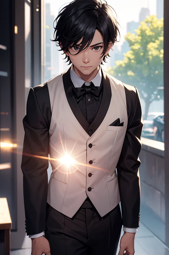 Male, Simple White Background, 28-year-old, (((boy))), ((black hair)), ((very short hair)), ((black eyes:1.2)), big eyes, ((butler outfit)), ((black suit)), Beautiful body, Beautiful Nose,Beautiful character design, perfect eyes, perfect face,expressive eyes,perfect balance, looking at viewer,(Focus on her face),closed mouth, brown skin, (noir), detective, ballistic vest,(Light_Smile:0.3), official art,extremely detailed CG unity 8k wallpaper, perfect lighting,Colorful, Bright_Front_face_Lighting,White skin, (masterpiece:1.0),(best_quality:1.0), ultra high res,4K,ultra-detailed, photography, 8K, HDR, highres, absurdres:1.2, Kodak portra 400, film grain, blurry background, bokeh:1.2, lens flare, (vibrant_color:1.2),professional photograph, full body
