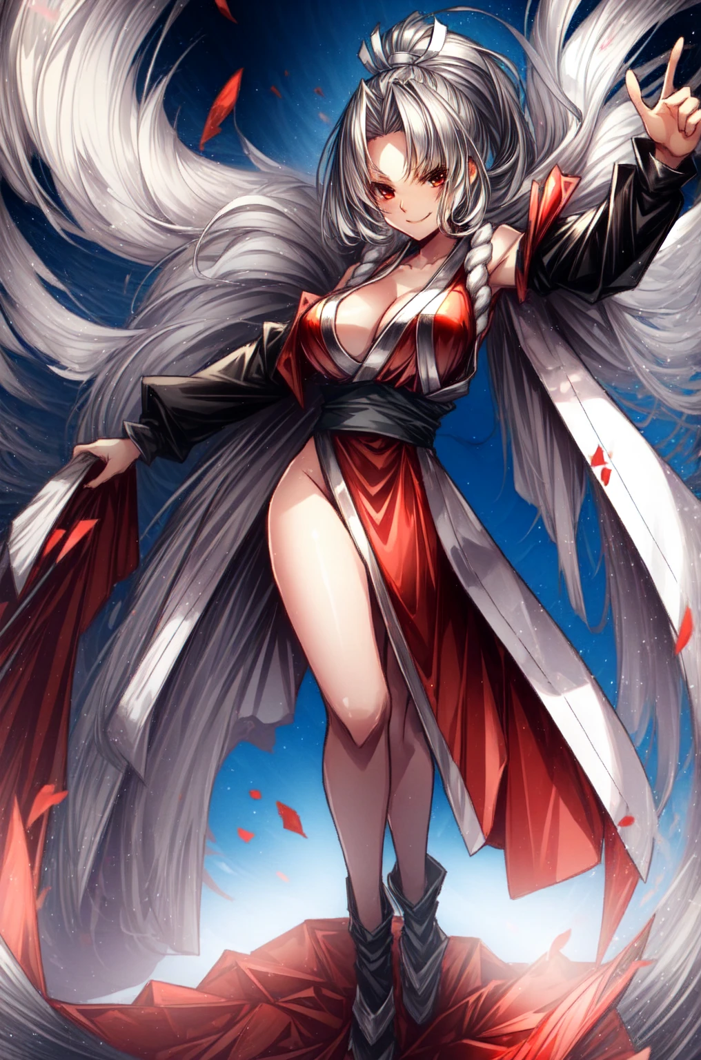 12k,((Highest quality)), ((masterpiece)), Dance does not know fire, My Style, Red clothes, striking a confident pose, , Warm front light, Contrast and sharpness, Medium depth of field, Dynamic Perspective, Proper scale and proportions, Detailed velvet texture., (,Inside the futuristic base:1.2),(evil smile:1.2),(Silver Hair:1.4),mai-shiranui,
maistyle,(full body:1.2),