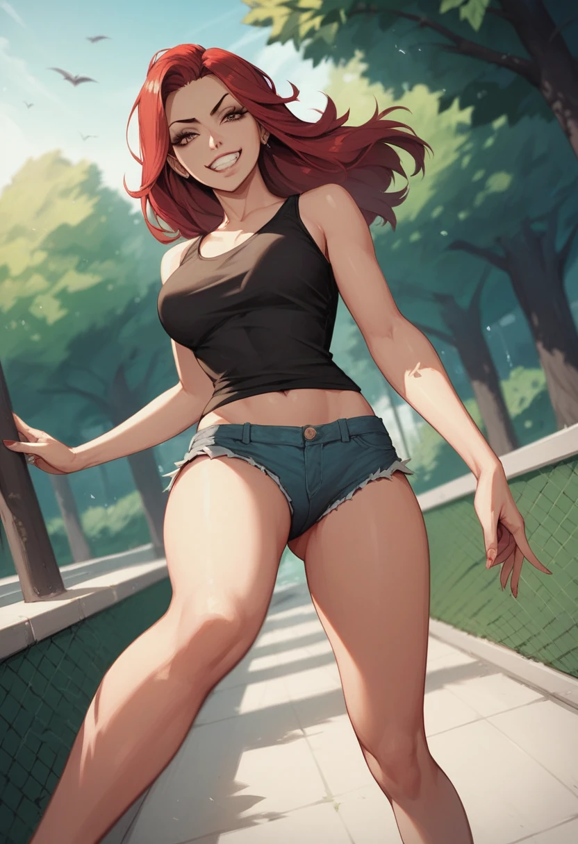 girl with long red hair, very sexy, punk look, sitting on some stairs in the street, miniskirt, open legs, erotism, sexy, tank top, side breasts, open legs we see her panties, abandoned neighborhood full of graffiti, Bill Sienkiewicz inspired art
