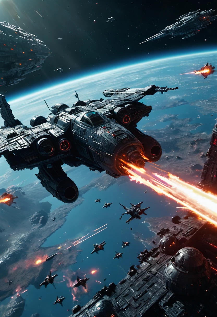 Space War, cinematic still, high budget, cinemascope, 4K epic detailed, by Katsuhiro Otomo, best quality, masterpiece, very aesthetic, perfect composition, intricate details, ultra-detailed, vivid colors