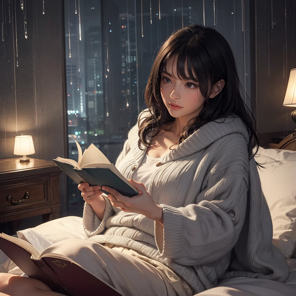 The most beautiful girl reading books in the bedroom at night during the rain outside