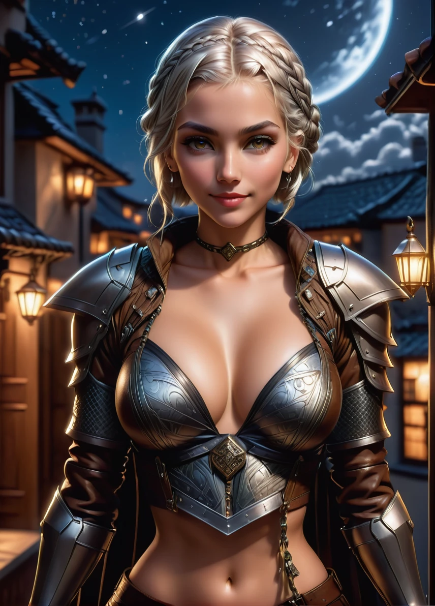 thief , young slim female, braided platinum hair, (skinny:1.1), (smirking:1.5), cloaking symbols and patterns, (full brown leather armor: 1.1), (covered chest: 1.1) stealthy, night roofs with stary sky , (holding an picklock:1.5), full shot, ((looking at viewer:1.2), (from side:0.8)), athletic, volumetric lighting dynamic lighting, real shadows, vibrant contrasting colors, style of Stephen Hickman and Stan Manoukian, ultra realistic, masterpiece, high quality, highres, sharp focus, intricate, sharp details, highly detailed, rich color, 8K,