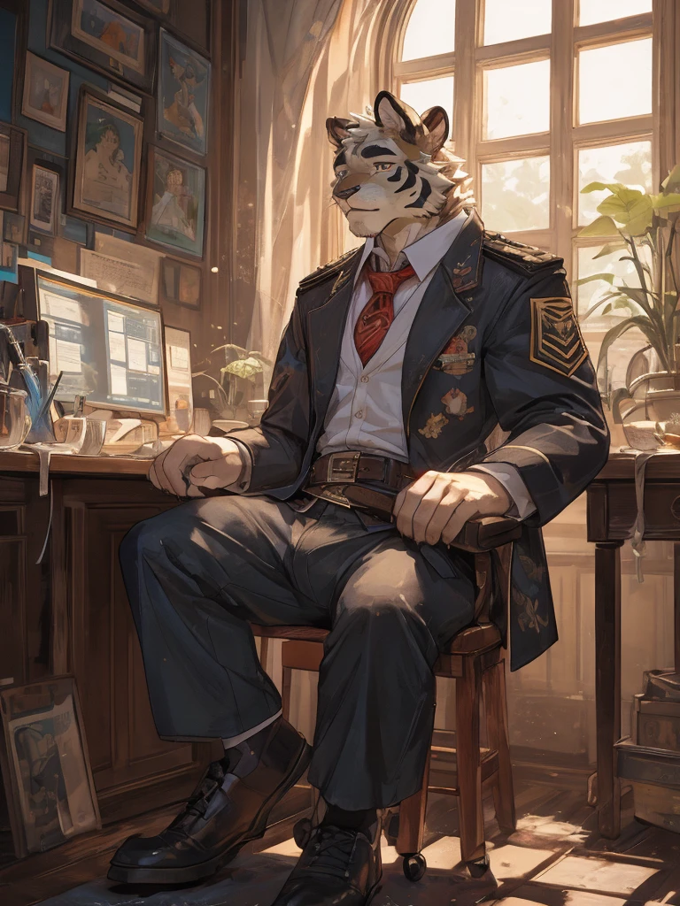 {{bara extremely handsome white tiger,}} {{white fur,}} white, wearing military like purple trench coat, purple trousers, white dress shirt and necktie, white fluffy furry body and limbs, loafers, very tall, very broad shoulders, narrow waist, muscular arms, massive pecs, purple eyes, very long legs,  sitting on swivel chair with legs spread, massive bulge, reading file, sophisticated hot look, full body, sunlight casting over, 3/4 view, best quality, high quality, silver earring on left ear, sultry smirk