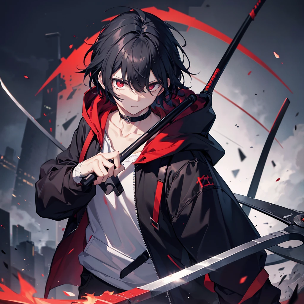 Human male, body with bandages, holding a long scythe, black hair, wearing a dark red hoodie