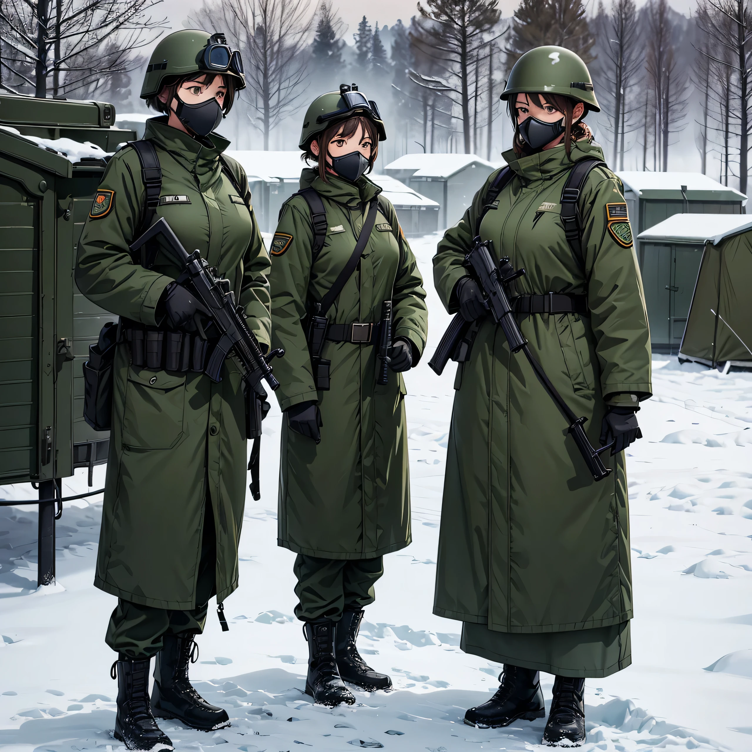 Three female soldiers wearing dark green thick coats、helmet、Gas Mask、Goggles、Standing guard with guns in both hands、side by side、Snowy military camp、masterpiece、best quality、Highly detailed CG、8K picture quality