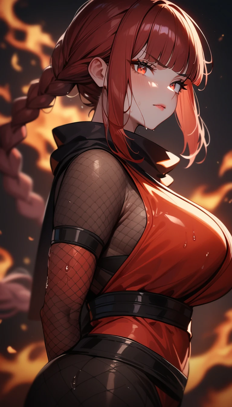 1girl,solo,super detailed skin,shiny skin,wet oily skin,serious face,lips gloss,eyelashes,glowing red eyes,red hair,blunt bangs,sidelocks,a braid,large breasts,body suit,Shinobi clothes,fishnet,standing ,simple background ,from behind ,fire magically ,masterpiece,best quality,ultra detailed,high resolution,sharp focus,depth of field,